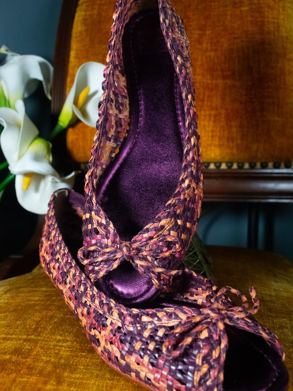 Frye Woven Purple and Orange Peep-Toe Flats